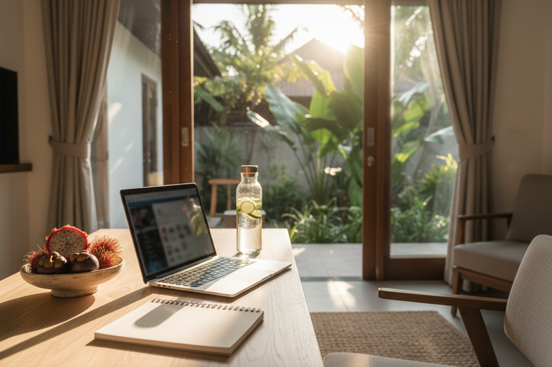 Digital nomad working from a tropical villa workspace in Canggu Bali