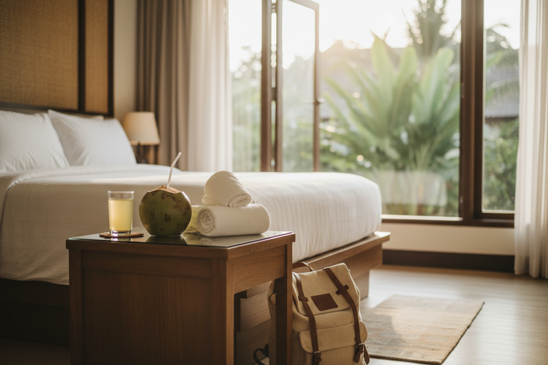 Calm Bali villa recovery setting with oral rehydration drink and travel essentials for Bali Belly recovery