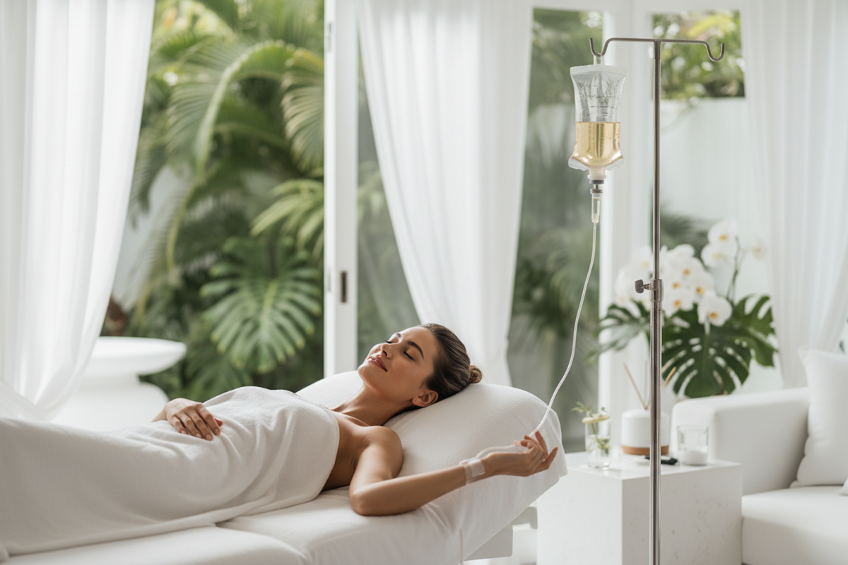 Woman relaxing in a white robe receiving a wellness IV drip treatment in a bright, tropical villa.