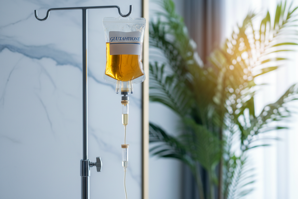 Glutathione IV drip bag hanging on a medical stand for wellness treatment