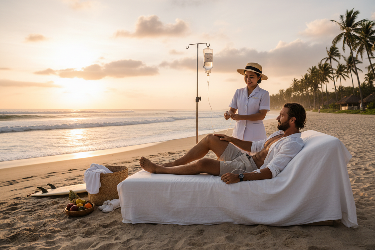 A man receiving a mobile IV drip therapy on a tropical Bali beach at sunset.