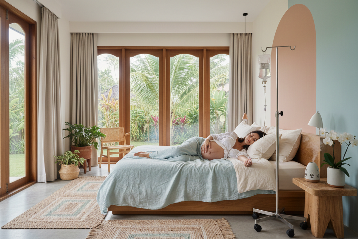 Pregnant woman receiving a mobile IV drip treatment while resting in a bright Bali villa bedroom.