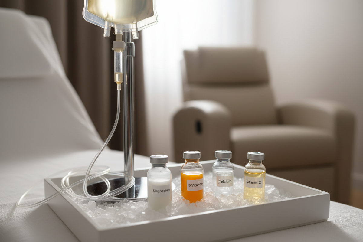 IV drip bag and vials of Magnesium, B Vitamin, Calcium, and Vitamin C on a tray of ice.