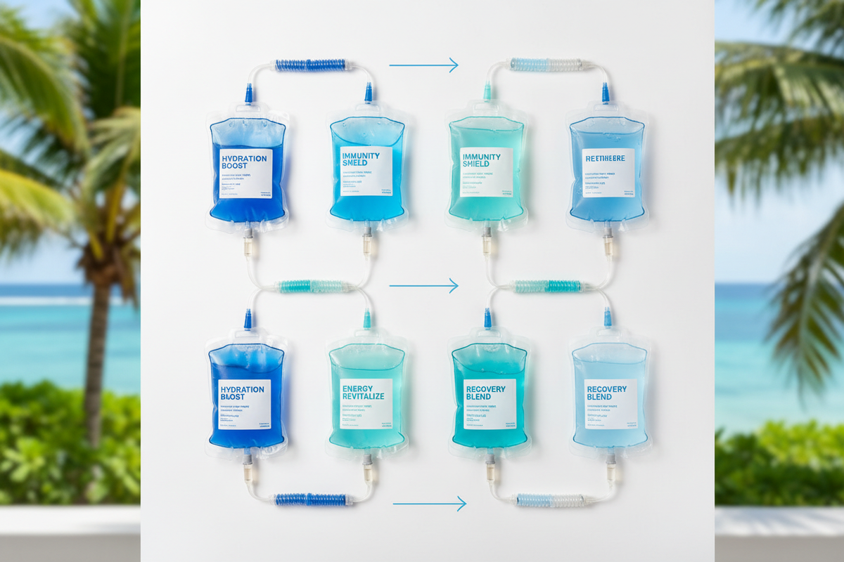 Variety of mobile IV drip bags for hydration, immunity, energy, and recovery wellness.